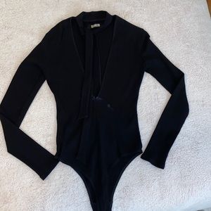 Reformation body suit with deep V front and neck tie detail